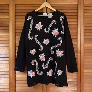Vintage 90s Katie Lee Tunic Sweater Medium Cottagecore Knit Embroidered Floral